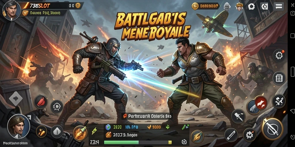Screenshot utama 738SLOT menampilkan aksi Battle Royale yang mendebarkan.