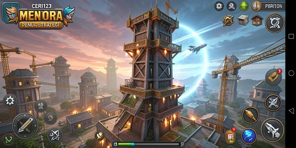 Screenshot gameplay CERI123 menunjukkan pertempuran menara yang epik.