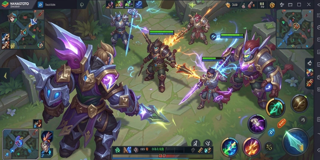 Screenshot gameplay <strong>NANASTOTO</strong> yang menampilkan pertempuran seru di arena.